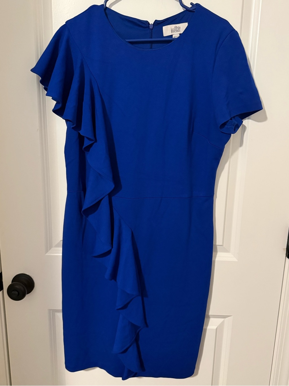 Belle Badgley Mischka Royal Blue Ruffle Sheath‎ Dress Size 14 Flutter Sleeve